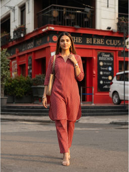 Vastara TheLabel - Women Red Stripes Cotton Co-Ord Set