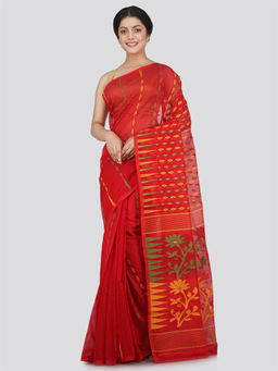 PinkLoom - Womens Soft Cotton Blend Jamdani Saree without Blouse -Red