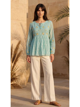 Basanti Kapde aur Koffee - Firozi Cotton Doriya Embroidered Top