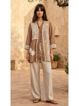 Basanti Kapde aur Koffee - Ivory Cotton Jute Colorblock Tunic