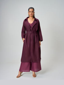 HONEY&ME - Merlot Purple Linen Trench Coat With Belt