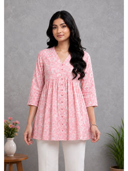Sutra Art of Clothing - Women Pink Floral Printed Gathered Top