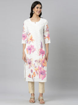 NEERU'S - White Casual Floral Straight Kurta