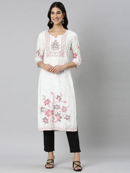 NEERU'S - White Casual Floral Straight Kurta