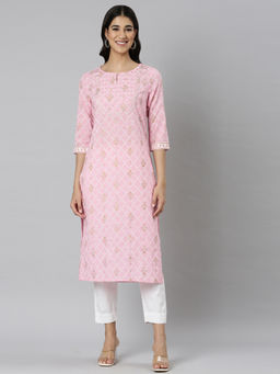 NEERU'S - Pink Casual Floral Straight Kurta
