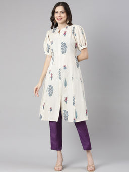 NEERU'S - Off White Casual Floral Straight Kurta