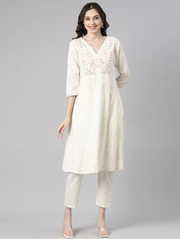 NEERU'S - Cream Casual Embroidered Straight Kurta