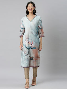 NEERU'S - Blue Casual Floral Straight Kurta
