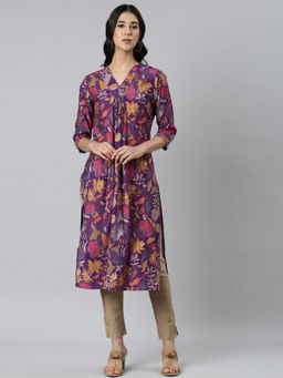 NEERU'S - Purple Casual Floral Straight Kurta