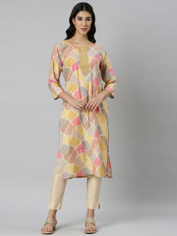 NEERU'S - Yellow Casual Colour Blocked Straight Kurta
