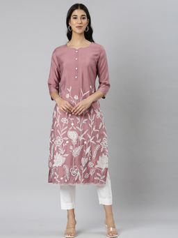 NEERU'S - Mauve Casual Embroidered Straight Kurta
