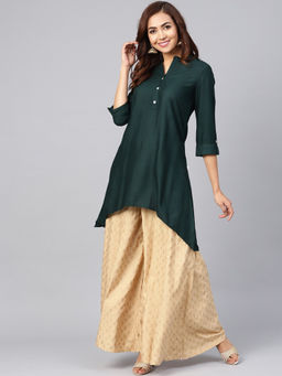 Juniper - Jade Green Rayon Slob Solid High-Low Kurta With Roll-Up Sleeves