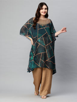 SWI STYLISH - Women Printed Boat Neck Flared Sleeves Beach Wear Green Kaftan