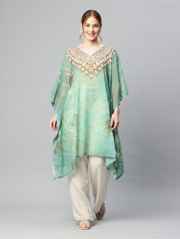 SWI STYLISH - Women Printed V-Neck Flared Sleeves Beach Wear Green Kaftan