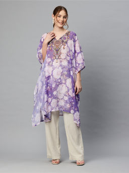 SWI STYLISH - Women Printed V-Neck Beach Wear Purple Kaftan