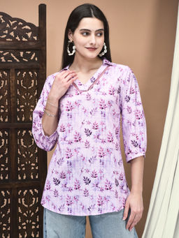 Shree - Women Linen Pink And Purple Texture Print Tunic