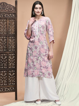 Shree - Women Liva Lavender Floral Print Kurta
