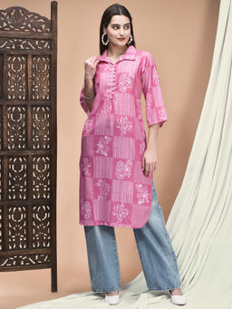 Shree - Women Linen Pink Ornamental Print Kurta