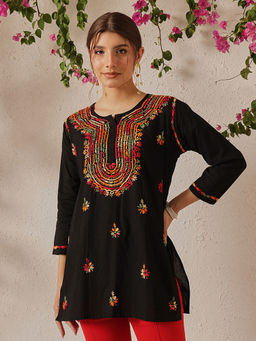 ADA - Hand Embroidered Ethnic Motifs Lucknowi Chikankari Black Cotton Kurti