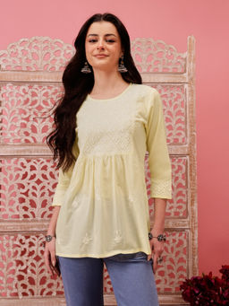 ADA - Hand Embroidered Ethnic Motifs Lucknowi Chikankari Lemon Cotton Kurti