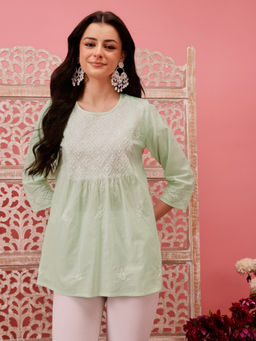 ADA - Hand Embroidered Ethnic Motifs Lucknowi Chikankari Pista Green Cotton Kurti