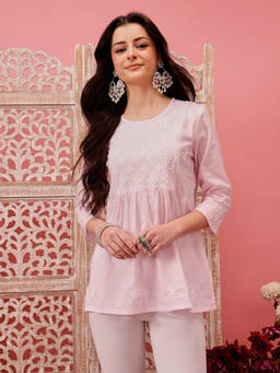 ADA - Hand Embroidered Ethnic Motifs Lucknowi Chikankari Baby Pink Cotton Kurti