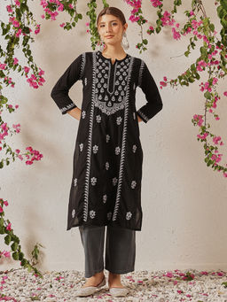 ADA - Ethnic Embroidered Lucknowi Chikankari Black And Grey Cotton Kurta