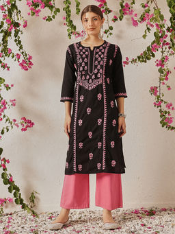 ADA - Ethnic Embroidered Lucknowi Chikankari Black And Pink Cotton Kurta