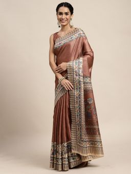 Odette - Khadi Silk Brown Printed Saree with Unstitched Blouse