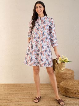 First Resort by Ramola Bachchan - White Botanical Print Schiffli Dress