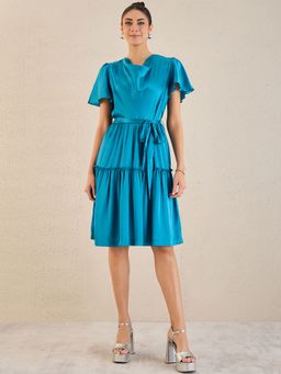First Resort by Ramola Bachchan - True Blue Cowl Neck Satin Dress with Belt (Set of 2)