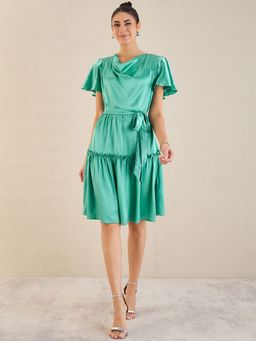 First Resort by Ramola Bachchan - Turquoise Cowl Neck Satin Dress with Belt (Set of 2)