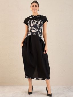 First Resort by Ramola Bachchan - Black Baroque Print Linen Midi Dress with Top (Set of 2)