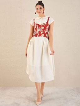 First Resort by Ramola Bachchan - Off-White Baroque Print Linen Midi Dress with Top (Set of 2)