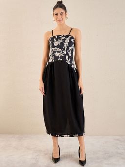 First Resort by Ramola Bachchan - Black Baroque Print Linen Midi Dress