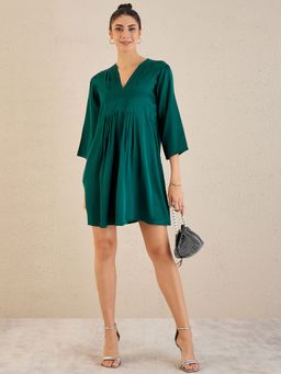 First Resort by Ramola Bachchan - Green Crystal Embellished Satin Dress with Pleats