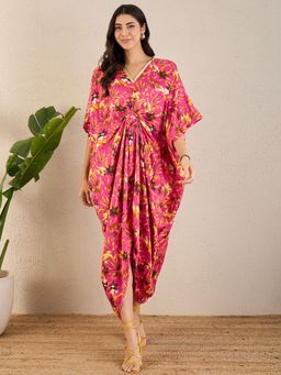 First Resort by Ramola Bachchan - Pink and Bronze Floral Full Length Kaftan Maxi Dress