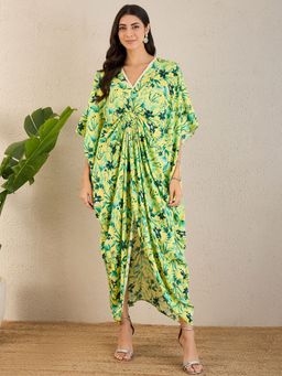 First Resort by Ramola Bachchan - Lime Green Floral Full Length Kaftan Maxi Dress