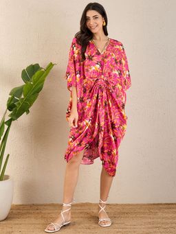First Resort by Ramola Bachchan - Pink Floral Mid Length Kaftan Midi Dress