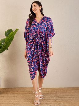 First Resort by Ramola Bachchan - Midnight Blue and Scarlet Floral Mid Length Kaftan Midi Dress