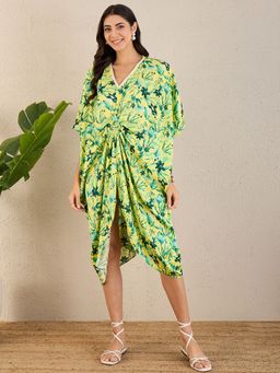 First Resort by Ramola Bachchan - Lime Green Floral Mid Length Kaftan Midi Dress