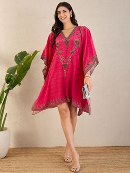First Resort by Ramola Bachchan - Hot Pink Pearl Embellished Kaftan Knee Length Dress
