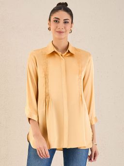 First Resort by Ramola Bachchan - Golden Yellow Pintucked Satin Shirt
