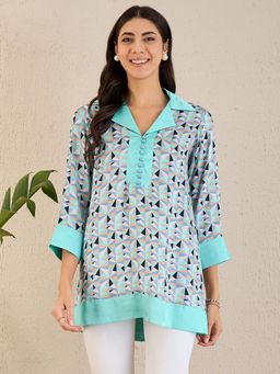 First Resort by Ramola Bachchan - Turquoise Geometric Print Top