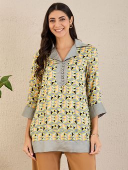 First Resort by Ramola Bachchan - Lemon Yellow Geometric Print Top