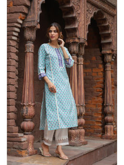 Rain & Rainbow - Blue Motifs Printed Round Neck Pure Cotton Straight Kurta
