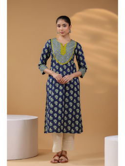 Rain & Rainbow - Navy Blue Ethnic Motifs Printed Pure Cotton Kurta