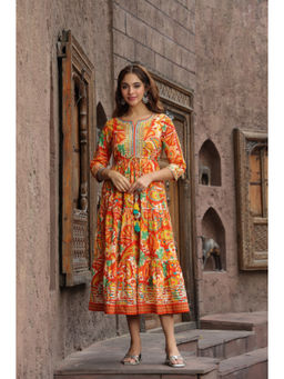 Rain & Rainbow - Orange Ethnic Motifs Printed Anarkali Ethnic Dress