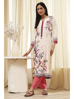 Biba - Women Beige Ecru Viscose Rayon Straight Kurta