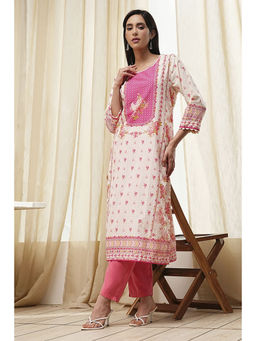Biba - Women Beige Cotton Straight Printed Kurta